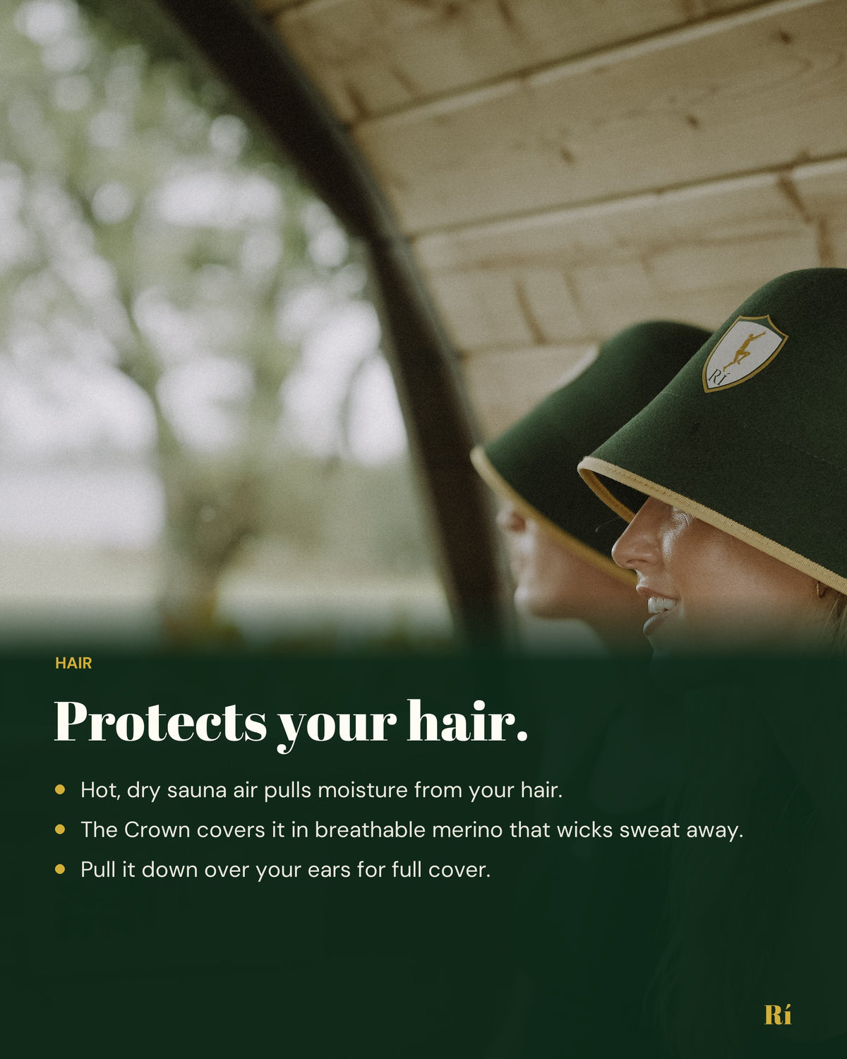 Infographic: the Rí Sauna Crown protects your hair from hot, dry sauna air with breathable merino.